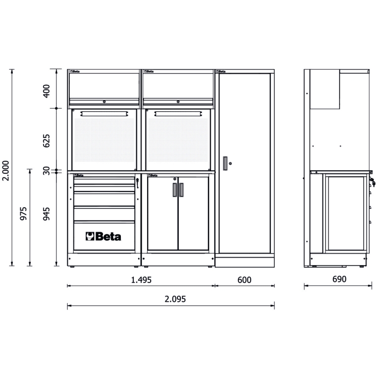 Beta Tools RSC50 D Workshop equipment combination, worktop, drawers, wall cabinets, tool panels.