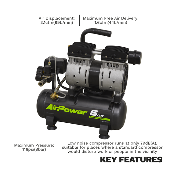 Sealey SAC0607S 6L Low Noise Direct Drive Air Compressor 0.7hp - oil free air delivery - general-purpose workshop applications
