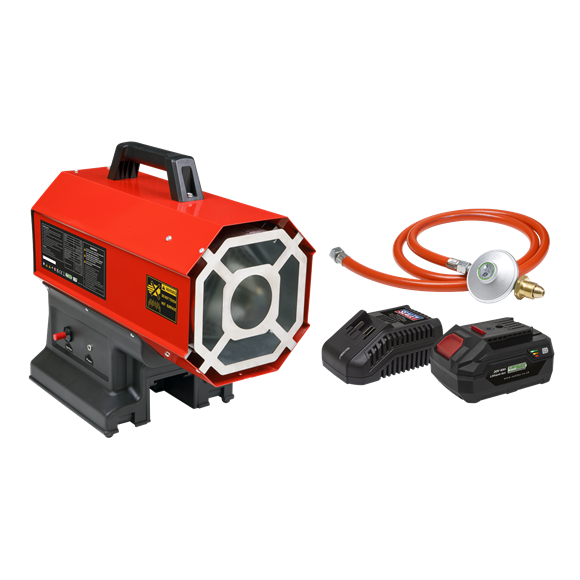 Sealey LP69CCOMBO Space Warmer® Portable Propane Heater 30,000-68,000Btu/hr (9-20kW) 230V with 20V 4Ah Kit - Workshop / Office / Garage - Heats area of up to 350m³. Cordless functionality, ideal for where mains power is not accessible.