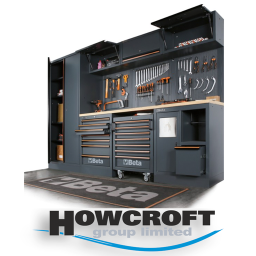 [C45PRO HW] Beta Tools C45PRO HW Workshop equipment combination, multi-ply wood worktop, 2 built-in reels, roller cab drawers, wall mounted cabinets, tool panels, wall brackets.