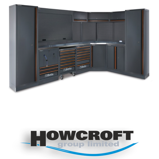[C45PRO GX] Beta Tools C45PRO GX Workshop equipment combination, stainless steel coated MDF worktops, 2 built-in reels, roller cab drawers, tool panels, cabinets, aluminum shutter, wall brackets.