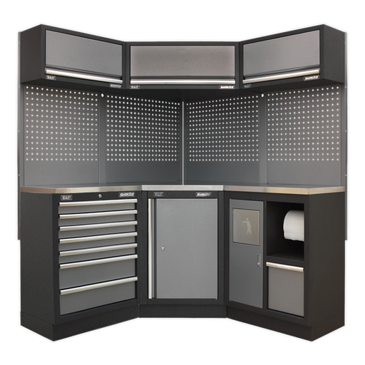 [APMSSTACK08SS] Sealey APMSSTACK08SS Professional Custom Workshop Corner Storage System with Stainless Worktop 1.55m
