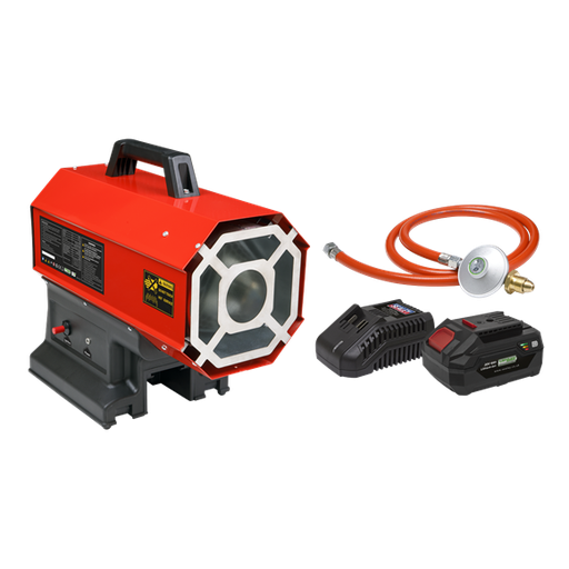 [LP69CCOMBO] Sealey LP69CCOMBO Space Warmer® Portable Propane Heater 30,000-68,000Btu/hr (9-20kW) 230V with 20V 4Ah Kit - Workshop / Office / Garage - Heats area of up to 350m³. Cordless functionality, ideal for where mains power is not accessible.